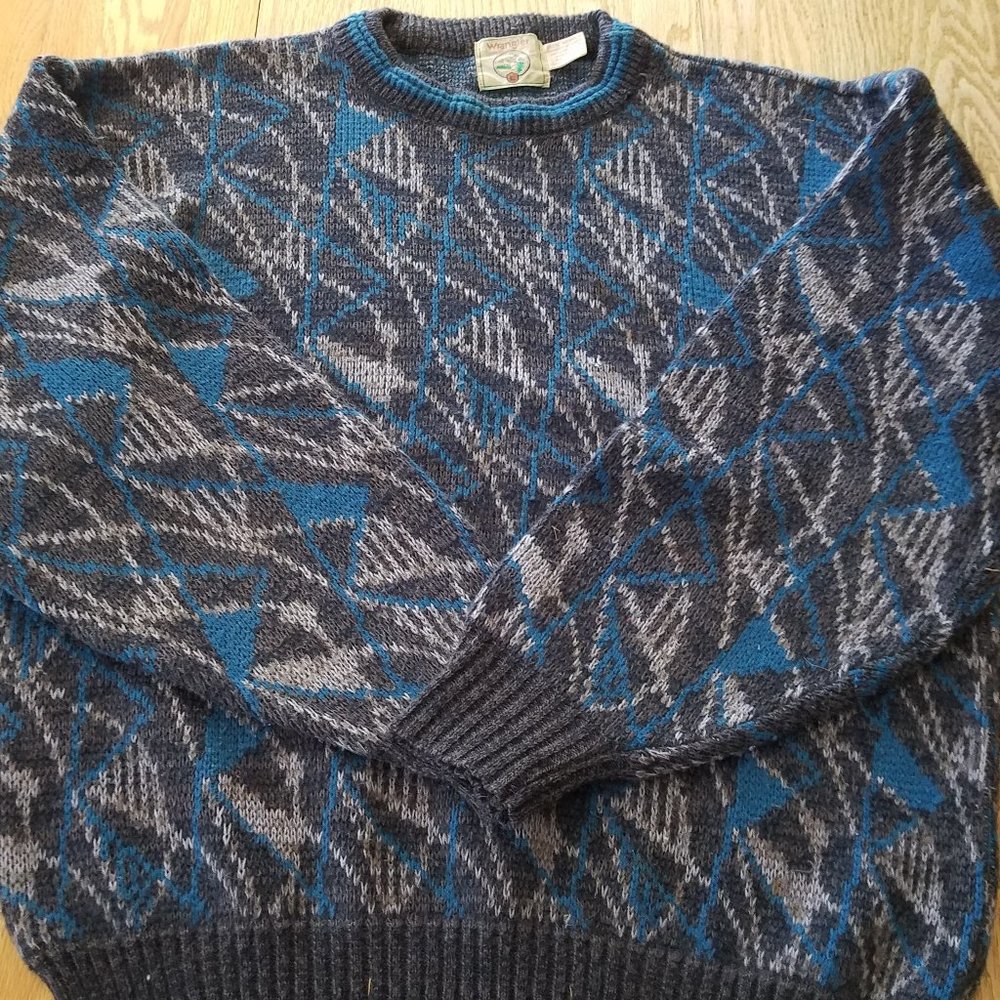 Vintage 90s Wrangler Sweater Mens Grey Blue Pattern Abstract L Oversized Chunky